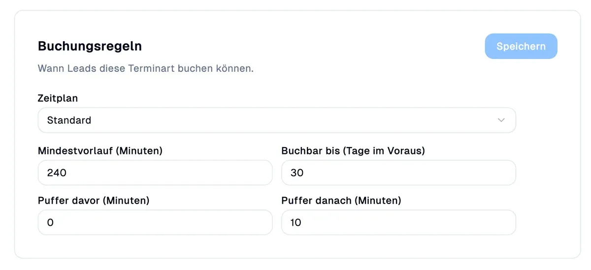 Buchungsregeln einer Terminart: Zeitplan, Mindestvorlauf, Buchungszeitraum und Pufferzeiten