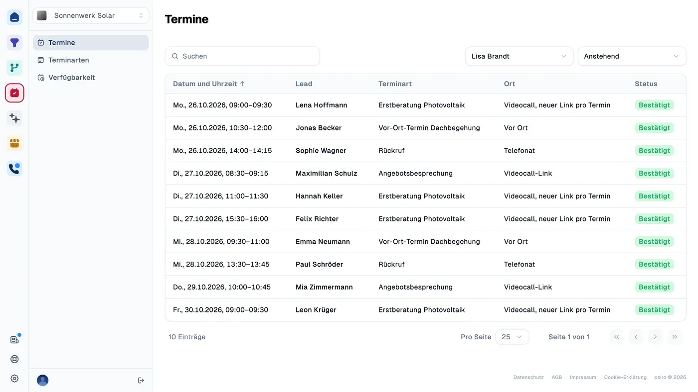 Terminliste in osiro.schedule: anstehende Termine mit Datum, Lead, Terminart, Ort und Status