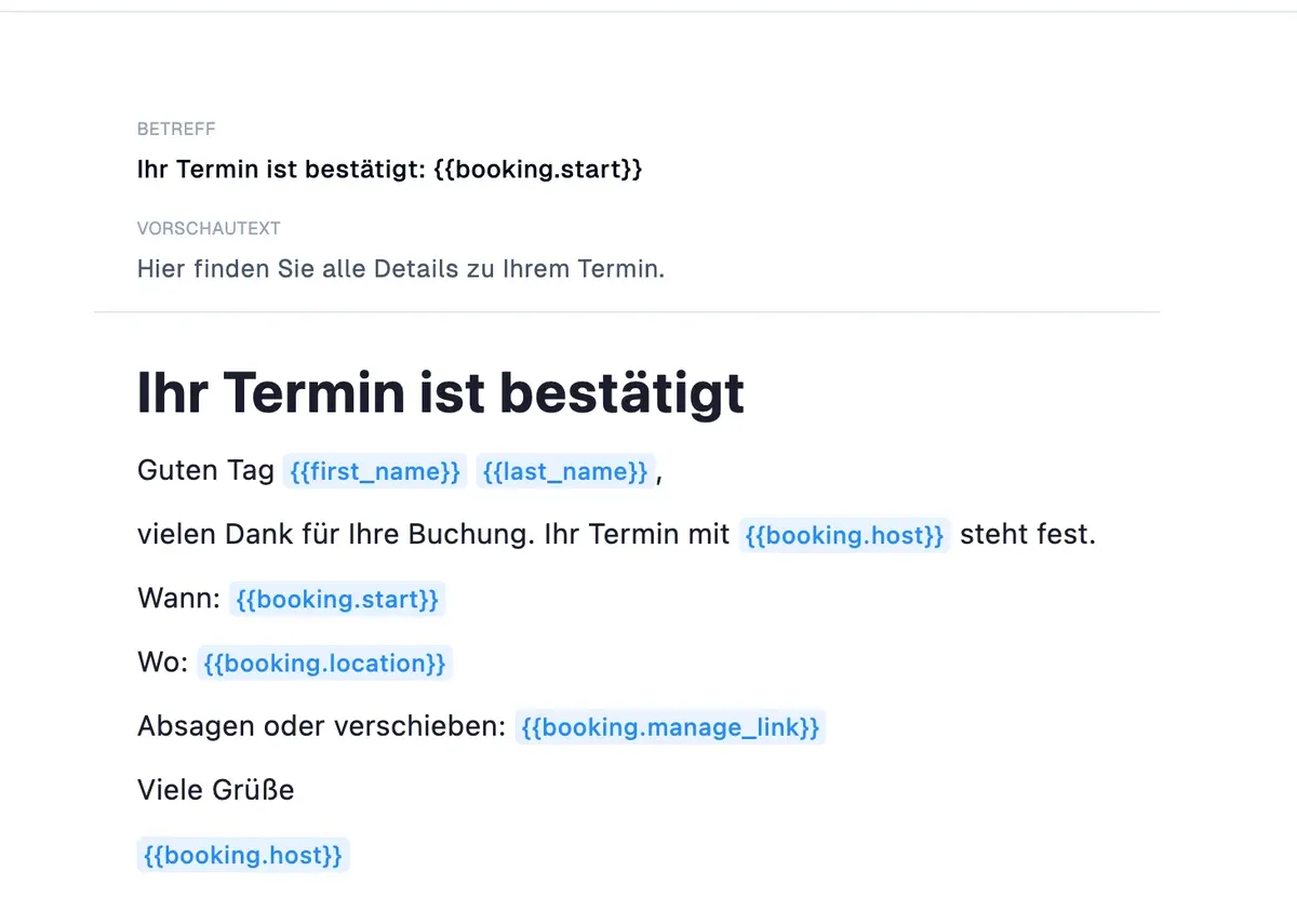 Vorlage der Terminbestätigung an den Lead mit Zeit, Ort und Link zum Verschieben oder Absagen