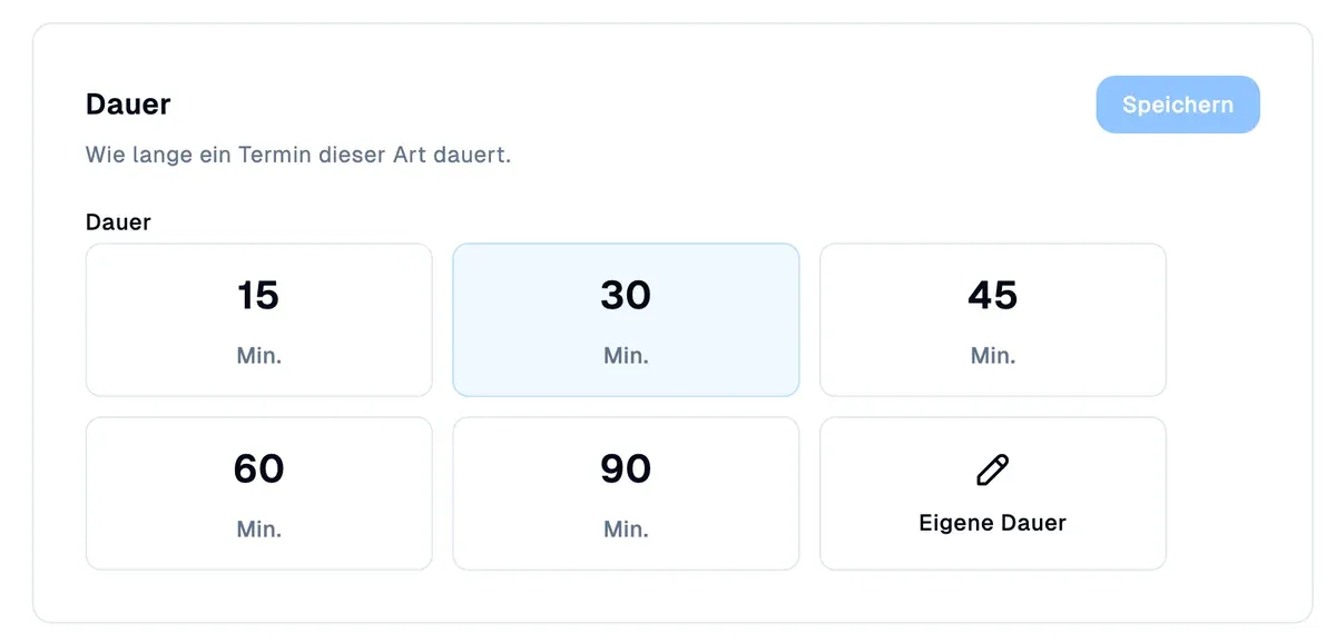 Terminart in osiro.schedule: Auswahl der Dauer von 15 bis 90 Minuten oder eigene Dauer