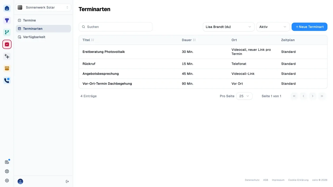 Terminarten in osiro.schedule: Erstberatung, Rückruf, Angebotsbesprechung und Vor-Ort-Termin mit Dauer und Ort
