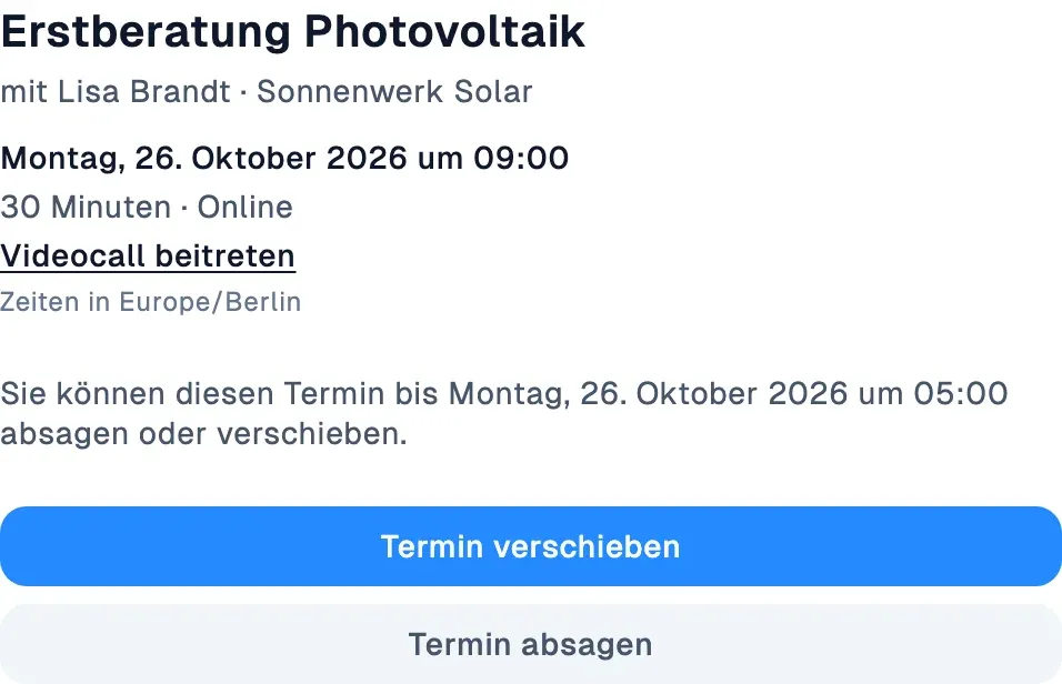 Terminseite für den Lead mit den Buttons Termin verschieben und Termin absagen